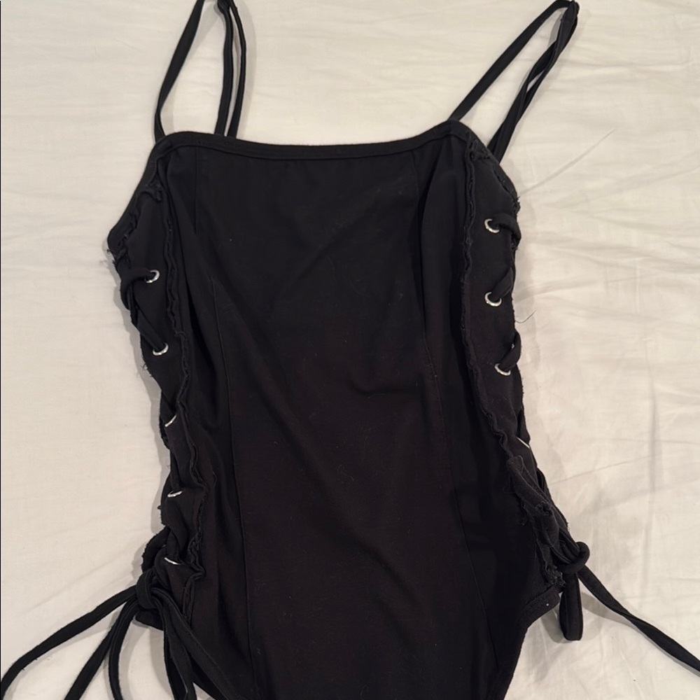 RtA Black Bodysuit with Lace-Up Sides and Spaghetti Straps